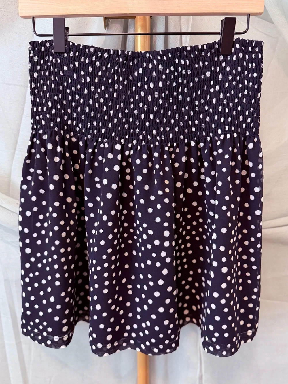 LOFT Navy Blue and White Polka Dot Smocked Skirt